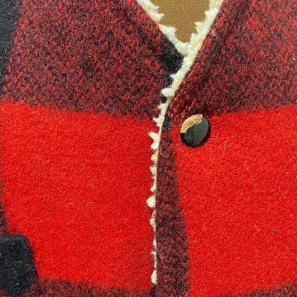 Vtg 60's Woolrich Red Buffalo Plaid Waistcoat Snap SHERPA Fleece Lined Vest Med. - Picture 10 of 11